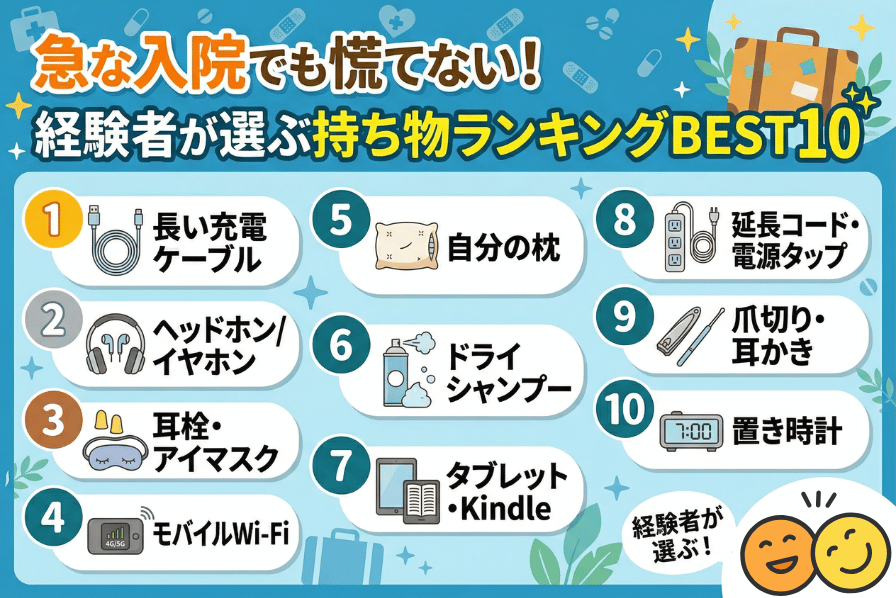 【自主調査】急な入院でも慌てない!経験者が選ぶ持ち物ランキングBEST10