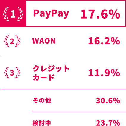 PayPay 17.6%、WAON　16.2%、クレジッットカード 11.9%、その他 30.6%、検討中 23.7%